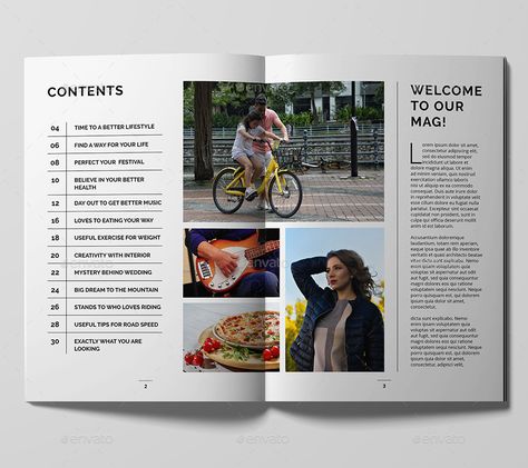 Magazine Template by xtratimebd | GraphicRiver Content Page Magazine, Magazine Content Page, Magazine Ad Layout, Personal Magazine, Travel Magazine Design, Travel Magazine Layout, Korean Crafts, Book Editorial Design, Magazine Layout Inspiration