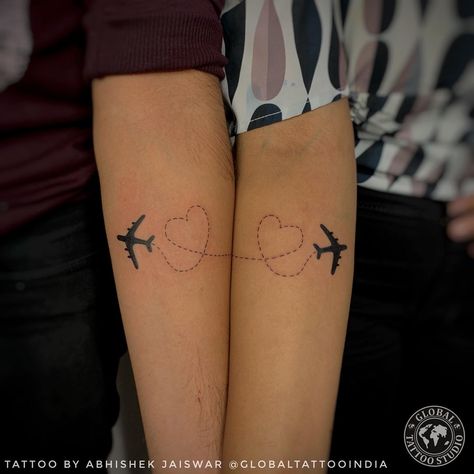 Couple Travel Tattoos, Portuguese Tattoo, Zen Tattoo, Cute Matching Tattoos, Couples Tattoos, Cute Couple Tattoos, Airplane Tattoos, Bone Tattoo, Couple Tattoos Unique