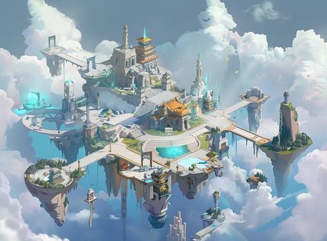 The image is of a floating city in the sky. The city is made up of a number of different buildings, including temples, towers, and houses ->> more details in ai-img-gen.com Floating City Art, Sky City Concept Art, Floating City Fantasy Art, City In The Clouds, Floating Cities, City In The Sky, Sky Temple, Fantasy Locations, Solar Punk