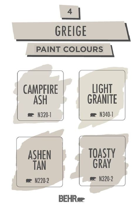 For a warm neutral paint colour that you can use throughout your entire home, turn to this greige colour palette from BEHR®. A stylish combination of grey and beige, these hues are versatile enough to pair with a variety of interior design styles. Click below to learn more. Perfect Greige Behr, Behr Paint Campfire Ash, Grey Brown Paint Colors Living Room, Behr Farmhouse Paint Colors Living Room, Behr Gray Beige Paint Colors, Gray Beige Paint Colors Behr, Whole House Paint Colors Behr, Light Beige Gray Paint Colors, Greige Paint Colors Living Room Wall