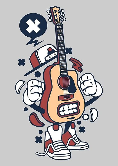 Guitar Cartoon Character - Funny illustration Guitar Cartoon, Guitar Illustration, 심플한 그림, Art Musical, Graffiti Doodles, New Retro Wave, Doodle Art Drawing, Graffiti Cartoons, Funny Illustration