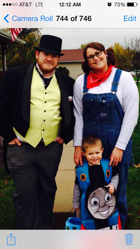 Thomas, sir Topham hat, and the railway conductor! Halloween fun :) Thomas The Train Family Costumes, Sir Topham Hat Costume, Train Costume, Train Birthday Theme, Michaels Halloween, Thomas The Train Party, Trains Birthday Party, Train Party, Pumpkin Party