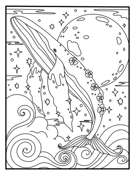 Coloring Pages Aesthetic Ocean, Whales Coloring Pages, Retro Coloring Pages Free Printable, Aquatic Coloring Pages, Celestial Coloring Pages Free Printable, Sci Fi Coloring Pages, Coloring Book Pages Easy, Ocean Colouring Pages, Teen Coloring Pages Free Printable