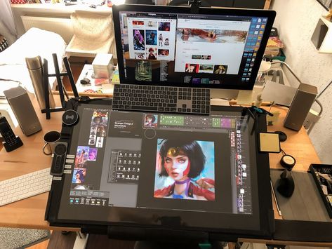 Studio Seni, Artist Workspace, Art Studio Space, Art Studio Room, Home Studio Setup, Wacom Cintiq, Artist Aesthetic, Art Studio At Home, Gaming Room Setup