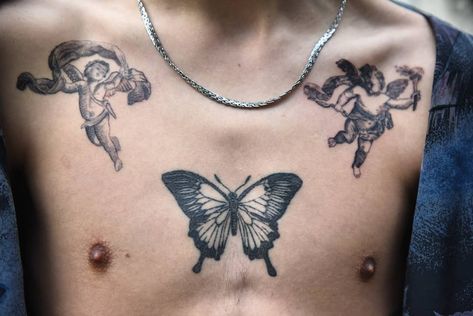 #minimalarchivetattoo #criminaleducation #btattooing #tattos_of_instagram #tattooistartmagazine #tattoos #blxckink #blackandwhite… Mid Chest Tattoo Men, Mid Chest Tattoo, Sternum Tattoo Men, Small Chest Tattoos, Cherub Tattoo, Matching Best Friend Tattoos, Monkey Tattoos, Forearm Band Tattoos, Med Tech