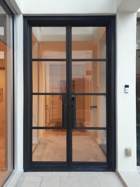 Modern Black French Doors Exterior Patio, Double Glass Doors Exterior, Modern Glass Entry Door, Modern Front Doors With Glass Panels, Unique Doors Interior, Glass Wooden Door, Iron Double Door, Glass Entry Door, Gates Ideas