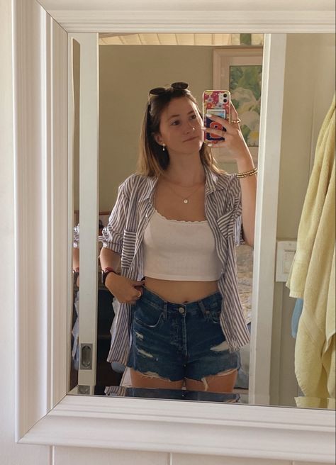 marshalls button up, brandy tank, aeropastle shorts Button Up Over Tank Top Outfit, Summer Fits, Fit Check, Short Sleeve Button Up, Girls Wear, Summer Looks, Denim Fashion, Brandy, Hawaii