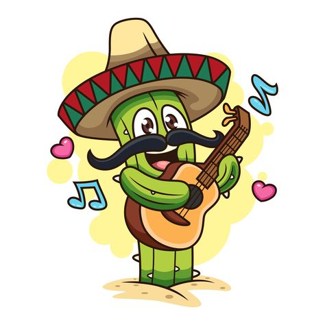 A cute cactus is playing a guitar. #plant #music . #Guitar_Cartoon #Cactus_Cartoon #Mexico_Wallpaper #Mexican_Party_Decorations Guitar Cartoon, Cactus Cartoon, Mexico Wallpaper, Mexican Party Decorations, Plant Icon, Cactus Stickers, Cute Cactus, Vector Icons Illustration, Cactus Art