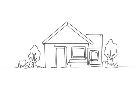 Continuous one line drawing of green little house with garden trees at village. Nature home architecture hand drawn minimalist concept. Modern single line draw design vector graphic illustration House Line Art Drawing, One Line House Drawing, Line Art House Drawing, House Outline Tattoo, House Outline Drawing, Building Illustration Architecture, Line Drawing House, House Line Drawing, House Line Art