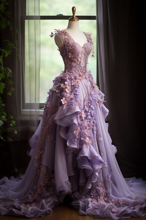 Lavender flower inspired gown Lavanda Dress, Flower Gown, Textiles Inspiration, Rapunzel Dress, Fairytale Gown, Fairy Wedding Dress, Fantasy Dresses, Lavender Flower, Prom Dress Inspiration