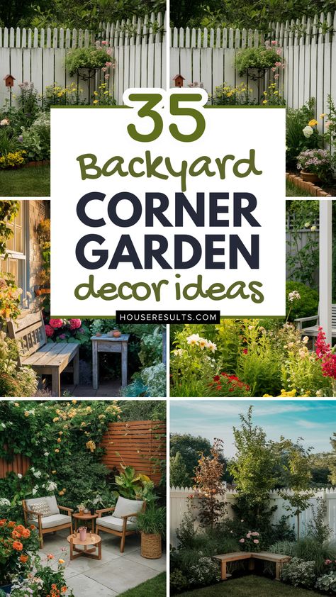 Corner In Backyard, Outdoor Seating Area Fire Pit Corner Yard, Small Corner Backyard Oasis, Corner Lot Yard Ideas, Corner Of Backyard Landscaping, Awkward Outdoor Space Ideas, Back Garden Design Layout, Cosy Corner Garden Ideas, Sunny Corner Garden Ideas