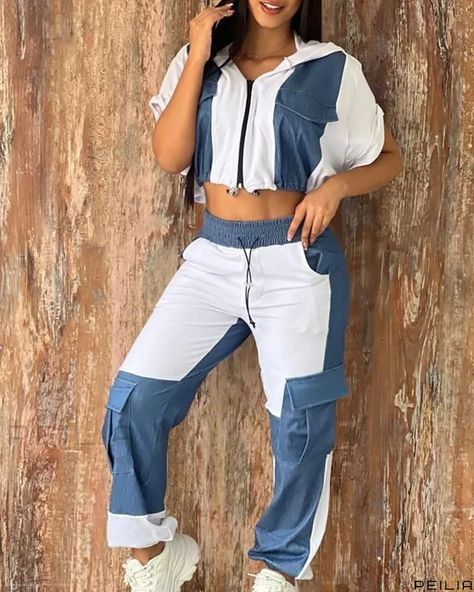 Peilia - Stylish Colorblock Patchwork Crop Top and Pants Set Crop Top And Pants Set, Patchwork Crop Top, Crop Top Pants Set, Crop Top And Pants, Fall Attire, Printed Casual Dresses, Top And Pants Set, Top Pants Set, Patchwork Dress