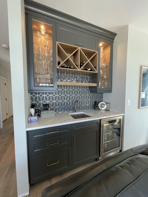 Wet Bar Remodel Ideas, Basement Wet Bar With Ice Maker, Basement Wet Bar With Full Size Fridge And Dishwasher, Basement Bar Dark Cabinets, Basement Bar With Window, Walk Up Bar Basement, Large Wet Bar, Small Wet Bar Ideas, Basement Upgrades