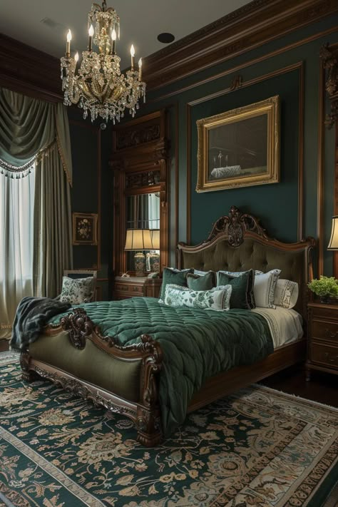 29 Dark Green Bedroom Ideas for a Luxurious and Calming Space 15 Forest Green White And Gold Bedroom, Slytherin Bedroom, Dark Green Bedroom Ideas, Dark Green Bedroom, Dark Green Rooms, Luxury Dorm Room, Green Bedroom Ideas, Victorian Bedroom, Victorian Interior