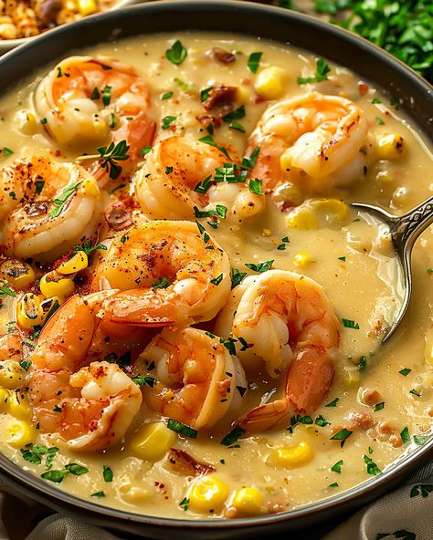 Cajun Chowder, Clam And Corn Chowder Recipe, Fish Starters, Shrimp And Corn Bisque, Shrimps Recipes, Fall Party Food Ideas, Bisque Recipes, Cajun Shrimp Recipe, New Orleans Shrimp