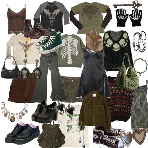 Punk Goblincore Aesthetic, Y2k Outfits Thrift, Astetics Clothing, Outfit Ideas Whimsigoth, Y2k Grunge Fairycore Hippy, Earthy Grunge Outfits Vintage, Jungle Outfit Aesthetic, Fairy Goblin Core Outfits, Fairy Grunge Masculine Outfits