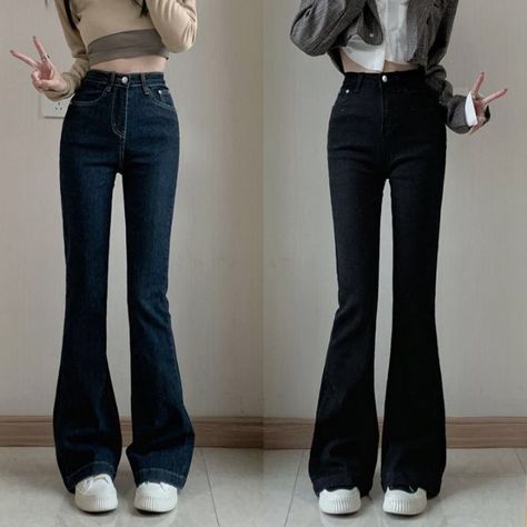 Celana High Waist Jeans, High Waisted Flare Jeans Outfit, Jeans Outfit Korean, Black Flare Jeans Outfit, Flare Jean Outfit, Black Flared Jeans, Moon City, Flare Jeans Outfit, Korean Jeans