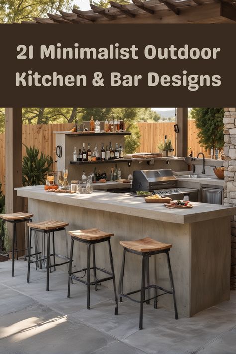 Upgrade your outdoor space with these 21 stylish and minimalist kitchen and bar ideas. Outdoor Kitchen And Bar Design, Small Outdoor Kitchen With Bar, Outdoor Concrete Countertops Grill Area, Outdoor Kitchen Modern Design, Outdoor Kitchen Counter Ideas, Arizona Outdoor Kitchen, Outdoor Bar With Grill, L Shaped Outdoor Kitchen With Bar, Backyard Kitchen And Bar