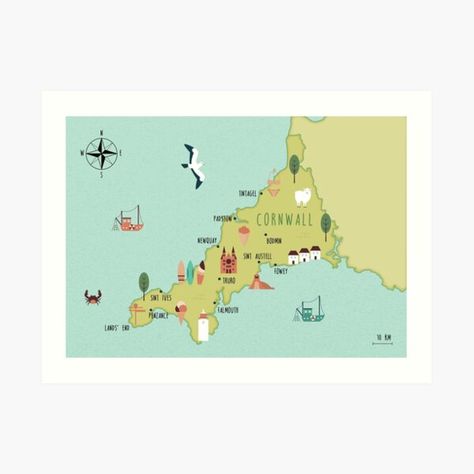 Illustrated map of Cornwall Art Print Wales Map Illustration, Map Of Cornwall, Brighton Map, Cornwall Penzance, Cornwall Map, Cornwall Poster, Illustrated Map, Cornwall, Map