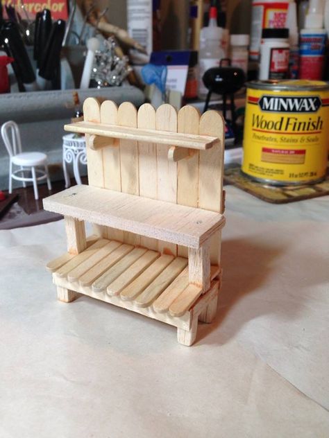 Things Made Out Of Popsicle Sticks, Wood Stick Crafts, Popsicle Stick Bookshelf, Popsicle Sticks Crafts For Adults, Popsicle Furniture, Lollypop Stick Crafts, Popsicle Stick Shelf, Popsicle Stick Doll House, Popsicle Stick Picnic Table