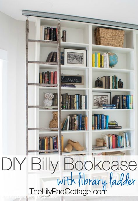 Billy Bookcase Hack with Library Ladder - The Lilypad Cottage Home Office Design Ikea, Home Library Ideas Diy, Billy Library, Ikea Library, Lilypad Cottage, Bookcase Hack, Billy Bookcase Hack, Ikea Billy Bookcase Hack, Library Ladder