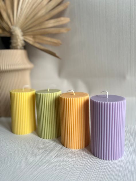 Colorful Pillar Candles, Ribbed Candles, Candles Packaging, Handmade Candles Diy, Pastel Candle, Candle Crafts, Candle Wedding Gift, Homemade Scented Candles, Candle Home Decor