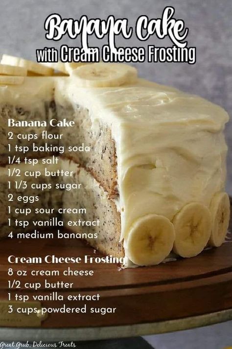 ingredients and recipe Banana Cream Cheese, Delicious Banana Bread Recipe, Banana Bread Cake, Banana Dessert Recipes, Banana Cake Recipe, Cake With Cream Cheese Frosting, Cream Cheese Frosting Recipe, Banana Dessert, With Cream Cheese Frosting