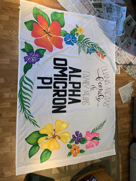 Sorority Bid day banner #sorority #bidday  #recruitment #bannerdesign #ohana #alphaomicronpi Tropical Sorority Banner, Bid Day Banner, Sorority Retreat, Recruitment Themes, Sorority Banner, Football Banner, Sorority Formal, Sorority Bid Day, Spring Formal