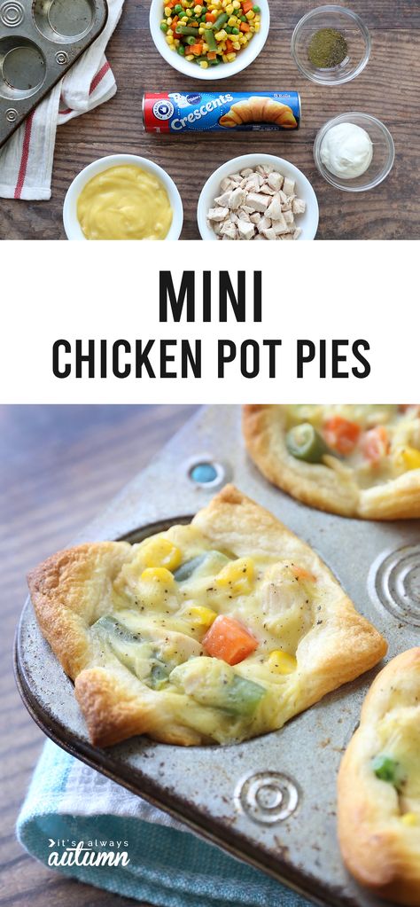 Mini chicken pot pies are super easy to make and taste really delicious! Simple comfort food at it's best. Easy kid friendly dinner idea. Easy Kid Friendly Dinners, Chicken Pot Pies, Mini Chicken Pot Pies, Kids Cooking Recipes, Pot Pies, Kid Friendly Dinner, Dinner Idea, Chicken Pot, Chicken Pot Pie