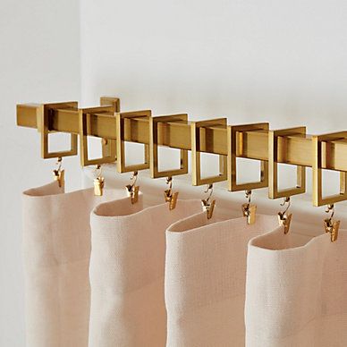 Drapery Hardware Mid Century Modern Drapery Ideas, Decadent Bedroom, Gold Curtain Rod, Molding Detail, Wrap Around Curtain Rod, Modern Draperies, Gold Curtain Rods, Modern Curtain Rods, Contemporary Window