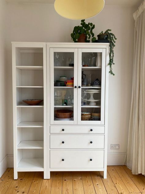 Ikea Hemnes Dining Room, Ikea Hemnes Shelf, Ikea Hemnes Kitchen, Hemnes Dining Room, Hemnes Bookcase Styling, Ikea Hemnes Bookshelf, Ikea Idanas, Hemnes Glass Door Cabinet, Hemnes Bedroom