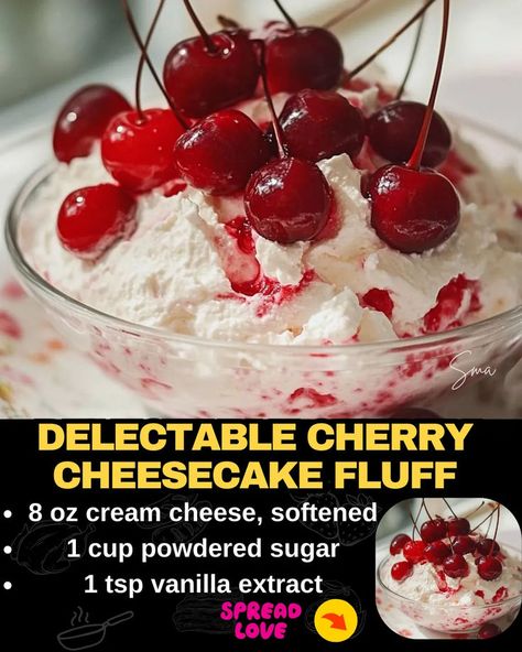 Delectable Cherry Cheesecake Fluff Fluffy Cheesecake Recipe, Cherry Cheesecake Fluff, Fruit Trifle Recipes, Cheesecake Fluff, Cherry Cheesecake Recipe, Fruit Trifle, Fluffy Cheesecake, Cherries Salad, Cinnamon Roll Cheesecake