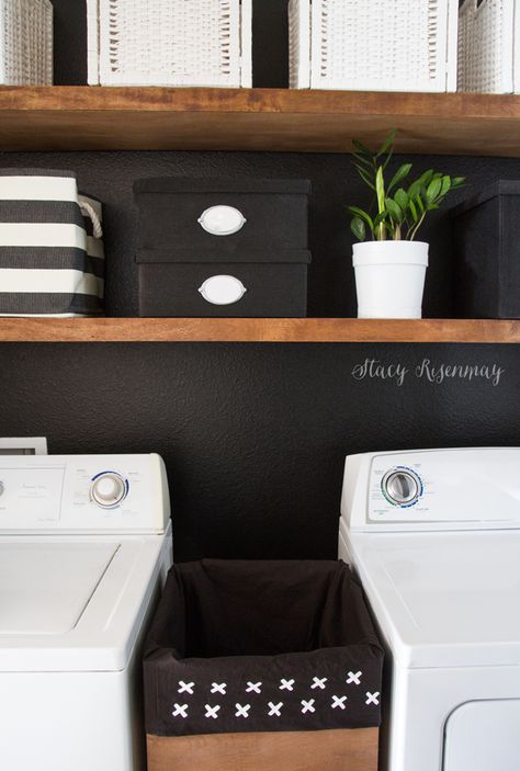 Black And White Laundry Room, Black And White Laundry, White Laundry Room, Laundry Room Storage Shelves, White Laundry Rooms, Small Laundry Room Organization, Room Storage Diy, Basement Laundry Room, Plywood Shelves