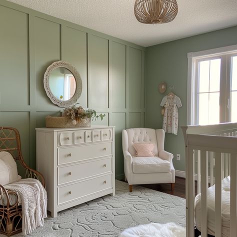 sage green nursery Dusty Pink And Green Nursery, Sage Wainscoting Nursery, Sage Nursery Wall, Sage Green Paint Colors Nursery, Clary Sage Sherwin Williams Nursery, Benjamin Moore Green Nursery, Sage Green Pink Nursery, Sage And Cream Nursery, Behr Laurel Tree