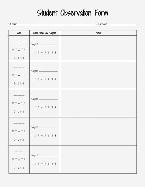 SpEd Head: Observation Log Student Observation Form, Teacher Observation Form, Teacher Observation, Anecdotal Notes, Classroom Observation, Teacher Forms, Behavior Interventions, Preschool Class, Student Behavior