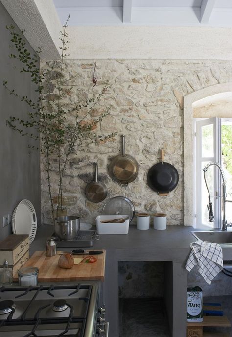 Home tour | A rustic Greek villa with a contemporary edge | These Four Walls blog Stone Wall Interior Design, Farmhouse Kitchen Backsplash Ideas, Stone Backsplash Kitchen, Stone Walls Interior, Farmhouse Kitchen Backsplash, Stone Accent Walls, Stone Backsplash, Stone Kitchen, Interior Wall Design