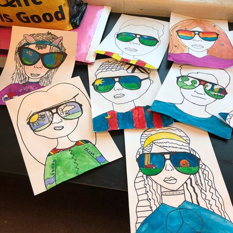 5th Grade Sunglass Portraits. Almost finished. #art🎨 #artclass #artlesson #artwork #kidsart #artteacher #artteachersofinstagram #elementaryart #elementaryartteacher #portraits 3rd Grade Self Portraits, Portrait With Sunglasses, Elementary Portrait Projects, 4th Grade Self Portrait Art Projects, Elementary Self Portrait Project, Self Portrait Elementary Art, Elementary Self Portraits, 5th Grade Craft Ideas Fun Art Projects, Grade 7 Art Projects