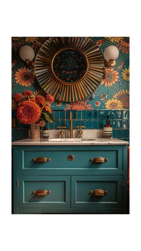 Updated Half Bath, Eclectic Half Bath, Color Drenched Powder Room, Powder Room Makeover, Powder Bath, Bathroom Renos, Forest House, Bathroom Reno, Half Bath