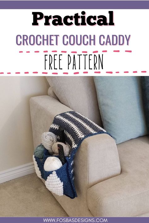 Practical Crochet Armchair Caddy Free Pattern - Fosbas Designs Crochet Practical, Crochet Thanksgiving, Practical Crochet, Sewing Caddy, Quick Crochet Projects, Patterned Armchair, Crochet Decor, Crochet Baskets, Crochet Coaster