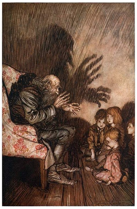 An old man tells children stories and projects an enormous shadow on the wall - Arthur Rakham Rip Van Winkle, Washington Irving, Arthur Rackham, Fairytale Illustration, Sleepy Hollow, Fairytale Art, Childrens Illustrations, Children's Book Illustration, Grimm