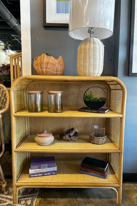 Rattan bookcase availble at Interiors Designer Co-Op in Tulsa, Oklahoma. Rattan Bookcase, Tulsa Oklahoma, Wicker Furniture, Cozy Corner, Oklahoma, Bookcase, Lounge, Interior Design, Furniture