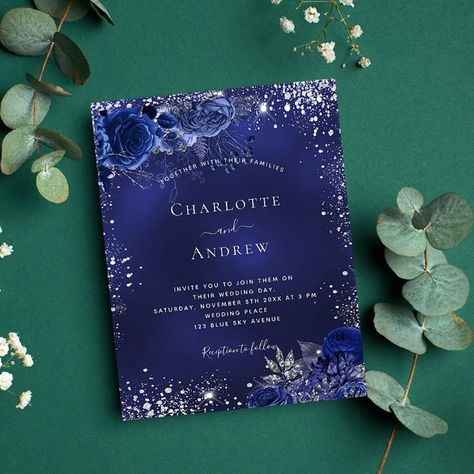 Budget navy blue silver floral wedding invitation Midnight Blue Wedding, Navy Blue Wedding Theme, Wedding Invitations Blue, Blue Wedding Stationery, Wedding Navy Blue, Popular Wedding Invitations, Blue Wedding Theme, Navy Blue Wedding Invitations, Wedding Navy