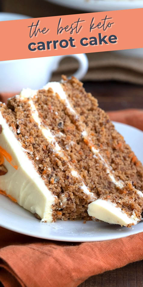 Close up shot of a slice of low carb keto carrot cake on a white plate, with a forkful just in front. Keto Carrot Cake Recipe, Keto Carrot Cake, Sugar Free Baking, Low Carb Cake, Low Carb Low Sugar, Low Carb Dessert, Keto Cake, Keto Dessert Easy, Low Carb Sweets