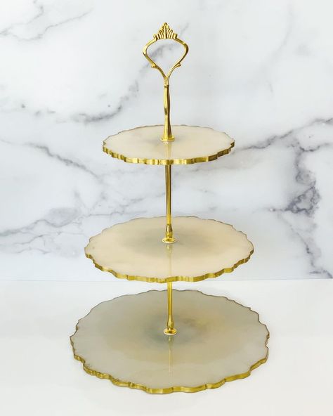 @jennmarie_design shared a photo on Instagram: “Off-White and Gold 3 tiered tray ✨ I’ve been working with resin the last few months just as a side hobby and I love how this project turned…” • Oct 14, 2020 at 6:50pm UTC Resin Cake Stand Tutorial, 3 Tier Resin Tray, Cake Stand Resin Art, Wood And Marble Cake Stand, 3 Tiered Tray, Resin 3 Tier Cake Stand, Working With Resin, 3 Tier Cake Stand, 3 Tier Cake