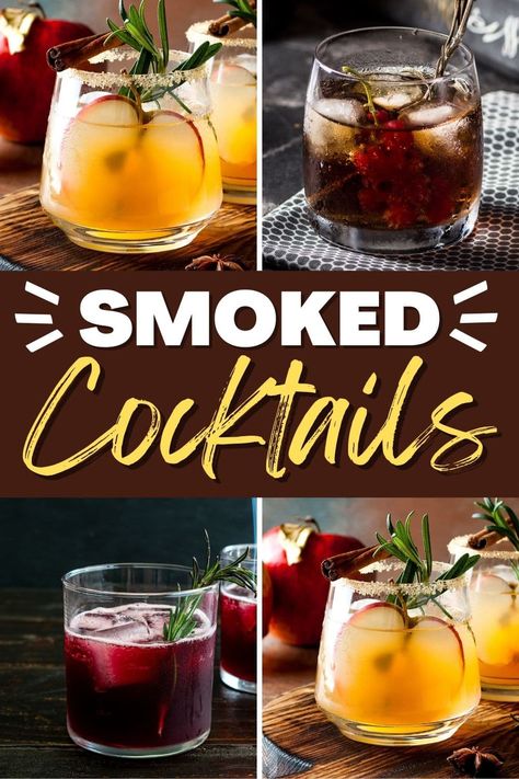 Try these smoked cocktails for your next happy hour! From the old-fashioned to a margarita to a bloody Mary, you won't want to miss these drinks. Smoked Whiskey Drinks, Smoked Margarita Recipes, Smokey Bourbon Cocktail, Smokey Tequila Cocktail, Smokey Cocktail Recipes, Smoky Cocktails Drink Recipes, Smoked Bourbon Drinks, Smoked Alcohol Drinks, Smoked Cocktails Drinks