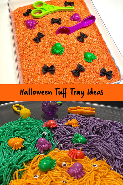 Halloween is the perfect time of year to get stuck into sensory play with lots of interesting textures and things for little fingers to squish, scoop, squeeze and more. And whether you’re setting up a Halloween themed tuff tray in your classroom, playgroup, or at home, you can have a lot of fun with this sensory play theme. In the blog post, you’ll find the first of our Halloween tuff tray activities. Room On The Broom Tuff Trays, Halloween Theme Activities For Toddlers, Shapes Tuff Tray Ideas, Halloween Tuff Tray Ideas Toddlers, Halloween Tough Tray Ideas, Autumn Tuff Tray Ideas Toddlers, Halloween Tuff Tray Ideas For Babies, Tuff Tray Halloween Ideas, Halloween Sensory Tray