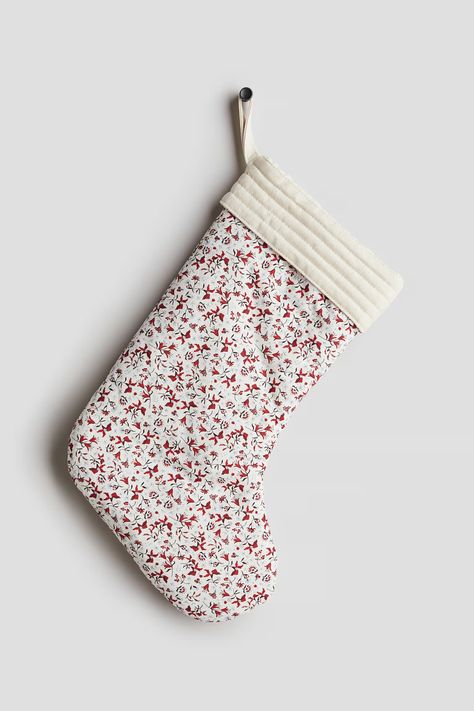 Christmas stocking - White/Floral - Home All | H&M GB Retro Stockings Christmas, Scandi Christmas Stocking, Western Stockings Christmas, Handmade Stockings Christmas, Sewing Stockings Christmas, Quilt Stocking Pattern, Quilted Stocking Pattern, Cute Stockings Christmas, Embroidered Stockings Christmas