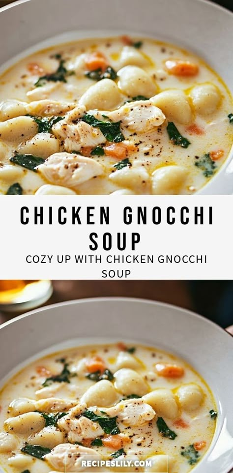 Warm up with a bowl of creamy Chicken Gnocchi Soup that’s both comforting and delicious! This one-pot meal is packed with tender chicken, fluffy gnocchi, and vibrant veggies, all simmered in a rich broth that’s perfect for chilly evenings. Perfect for family dinners or meal prep, this soup is sure to become a favorite! Dive into this heartwarming recipe and discover the joy of homemade comfort food. Your taste buds will thank you! Chicken Potato Gnocchi Soup, Turkey And Gnocchi Soup, Veggie Gnocchi Soup, Crock Pot Chicken And Gnocchi Soup, Chicken Stew With Gnocchi, Chicken Pot Pie Soup With Gnocchi, Chicken Gnocchi Crockpot Soup, Gluten Free Chicken And Gnocchi Soup, Gnocchi Recipes Crockpot Crock Pot