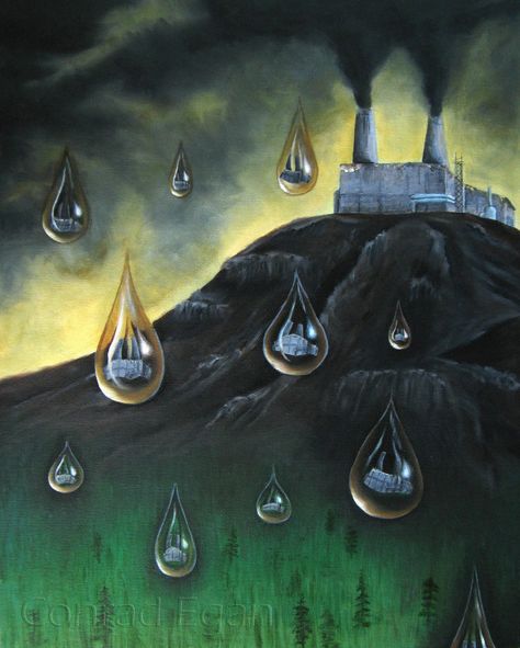 The rain has little factories inside it, like it's carrying all the stuff from the factory in it. Sources Of Energy, Environmental Sculpture, Rain Pictures, Acid Rain, Rain Painting, Birthday Card Drawing, Rain Art, Free Video Background, Card Drawing