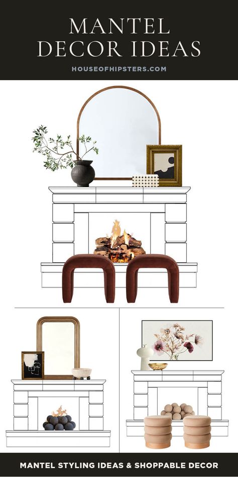 Mantel decor ideas you can try with your fireplace. Picture Mantle Display, Over Mantel Mirror, Layered Mirror And Art Mantle, How To Style A Mantel Living Rooms, Mirrors On Mantels Fire Places, Mantle Decorating Ideas With Pictures, Stacked Mirrors On Mantle, Tall Mantel Decorating Ideas, Organic Modern Fireplace Ideas